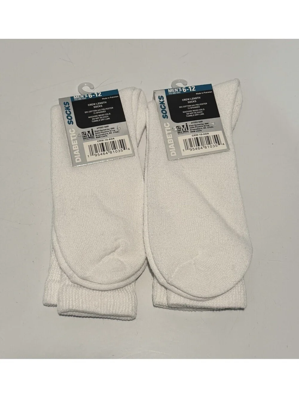 Mens Diabetic Socks Crew Length Size 6-12 White 2 Pair